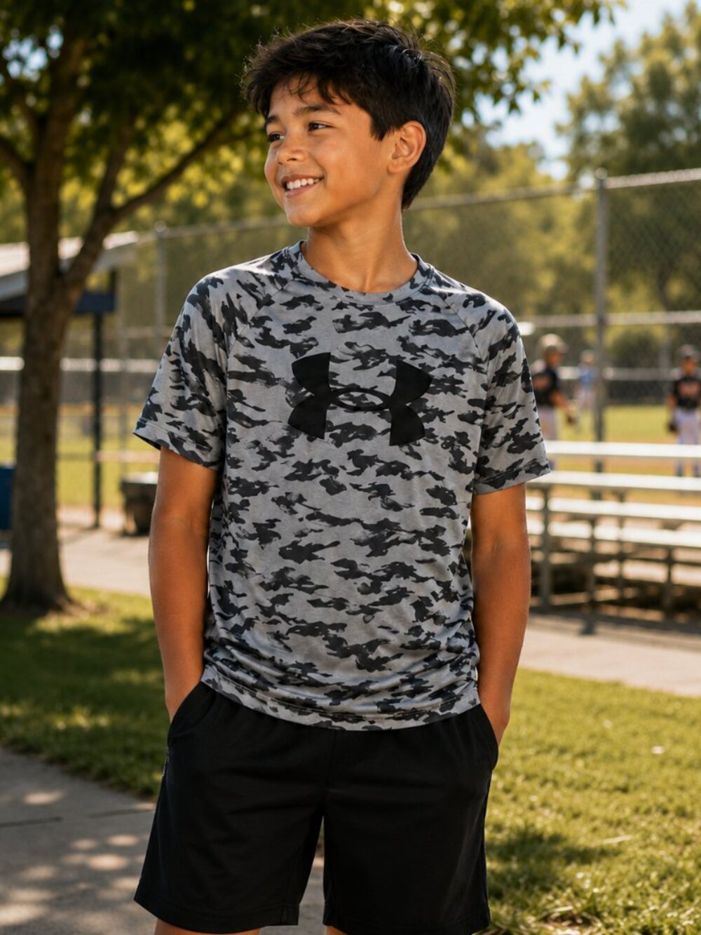 Under Armour Boys UA Tech Big Logo Camo Tee – Gray/Black – Size YXL